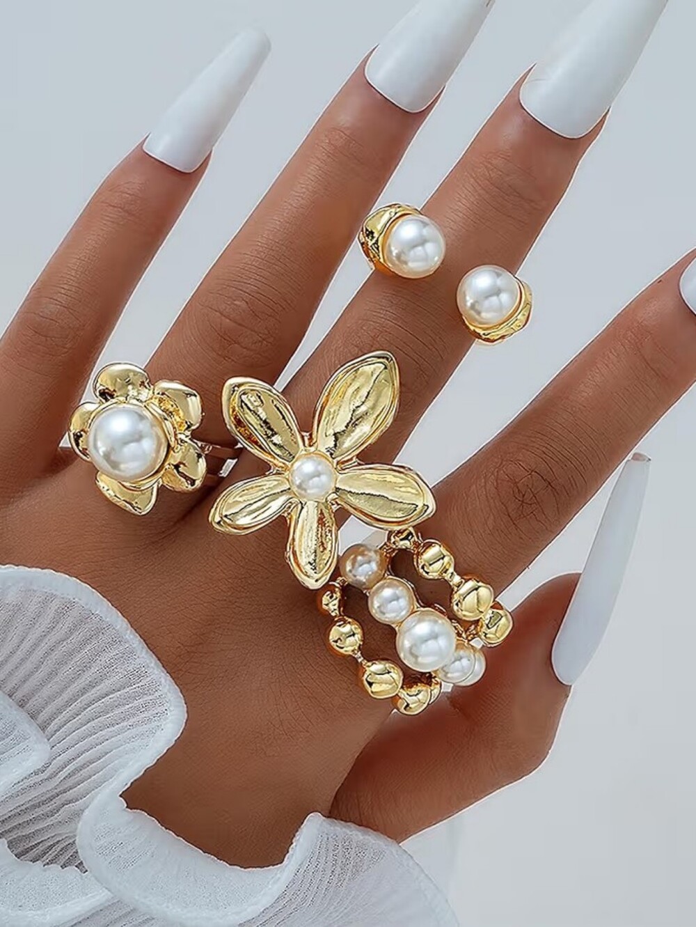 Chunky Gold Ring Set Boho Flower Baroque Pearl Rings Adjustable Stackable